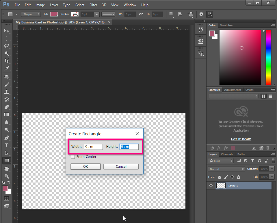 Creating the rectangle, 9 x 5 cm. Creating the rectangle, 9 x 5 cm.