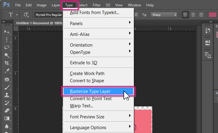 Click Type > Rasterize Type Layer in the top menu. Click Type > Rasterize Type Layer in the top menu.